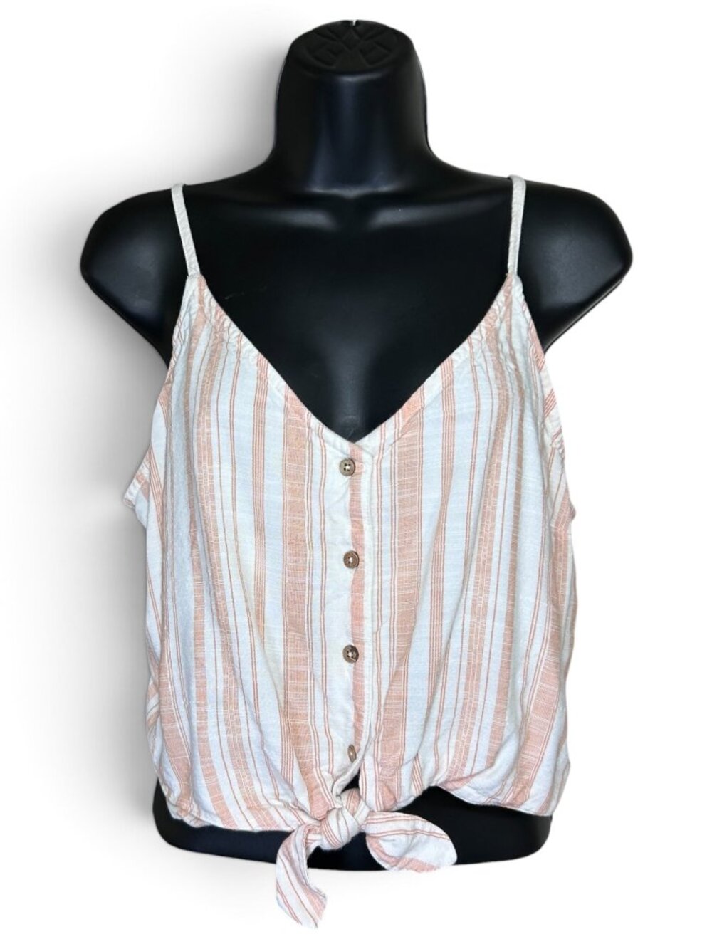 ROXY Tiny Mutinies Tie Front Crop Tank Top Sz L Orange White Yarn Dye Button Up